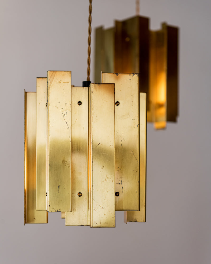 Rare Set of Carl Axel Acking Brass Pendant Lights, Sweden, 1940s