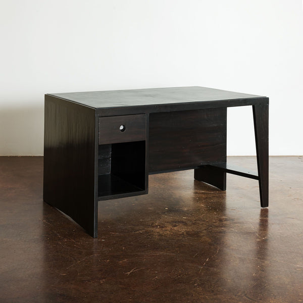 Pierre Jeanneret Pigeonhole Desk in Black Stain and Black Leather, India, 1950s