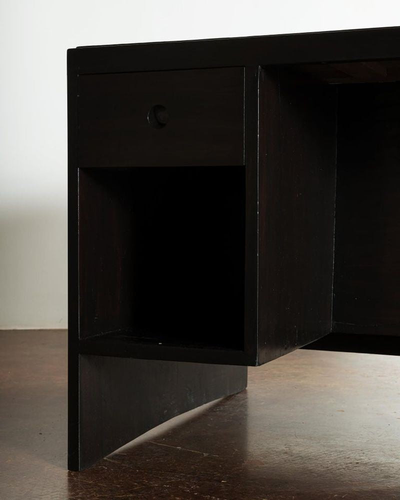 Pierre Jeanneret Pigeonhole Desk in Black Stain and Black Leather, India, 1950s