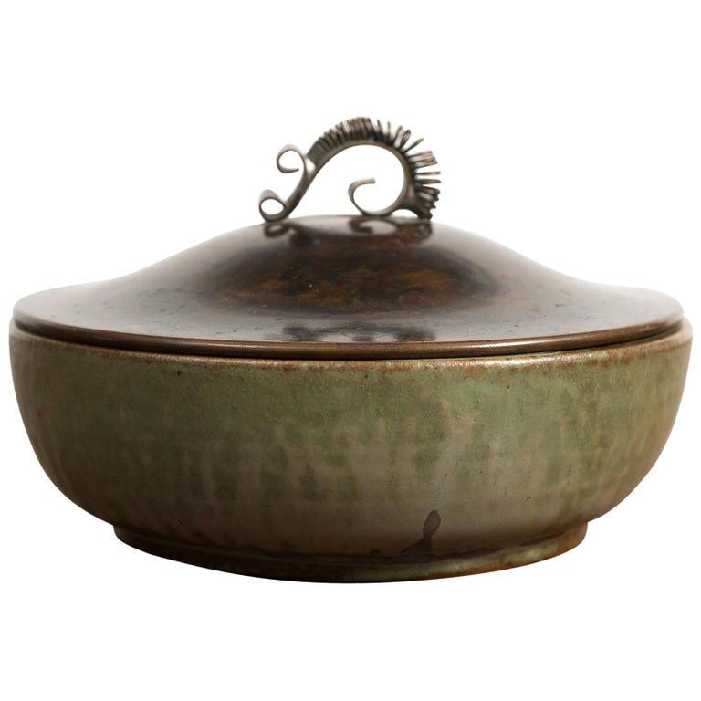 Arne Bang Stoneware Bowl with Bronze Lid, 1940s