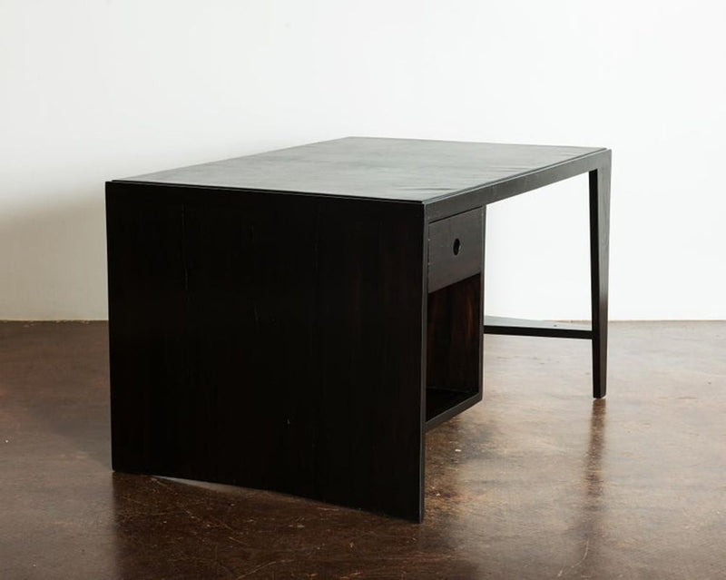 Pierre Jeanneret Pigeonhole Desk in Black Stain and Black Leather, India, 1950s