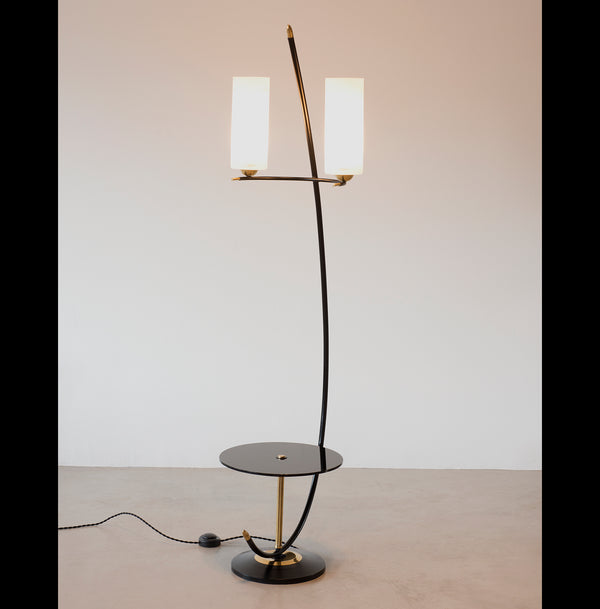 French Floor Lamp in Brass and Black Lacquer with Etched Glass Diffusers, 1950s