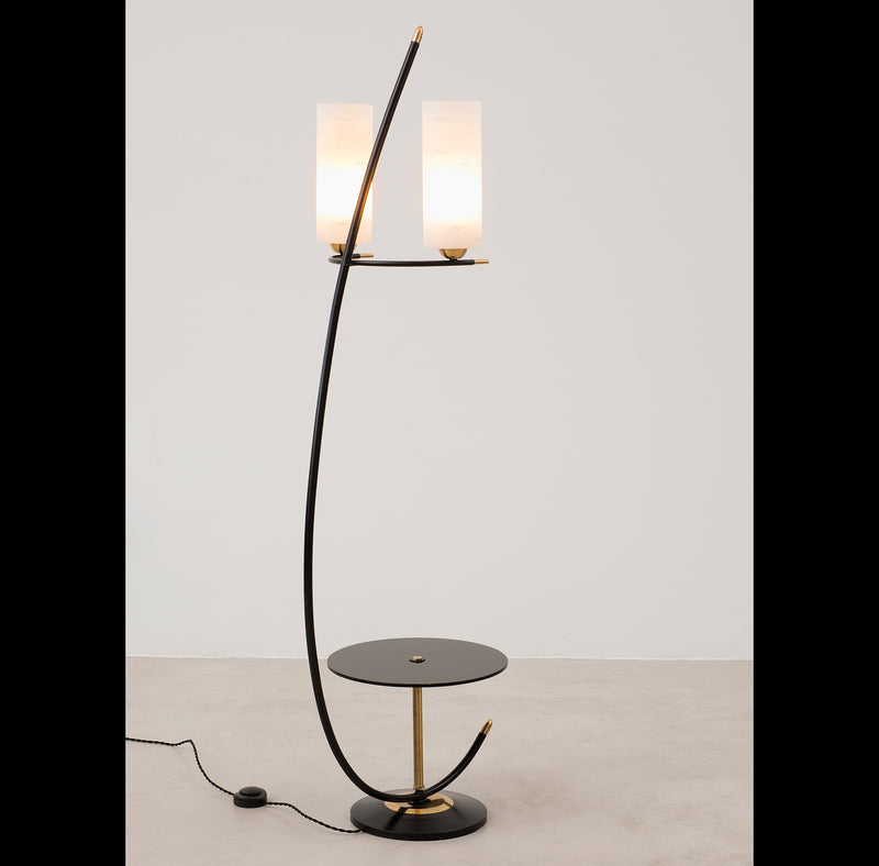 French Floor Lamp in Brass and Black Lacquer with Etched Glass Diffusers, 1950s