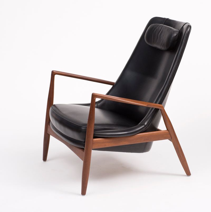 Ib Kofod-Larsen High Back Seal Chair in Teak and Black Leather for OPE, 1960s