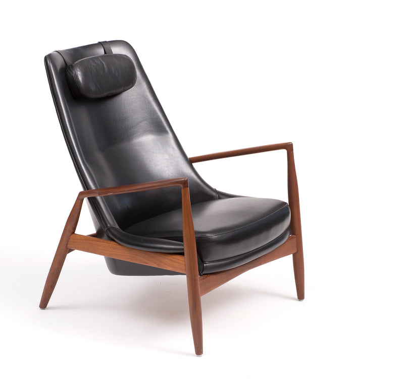 Ib Kofod-Larsen High Back Seal Chair in Teak and Black Leather for OPE, 1960s