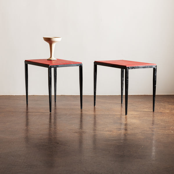 Pair of Iron and Stitched Leather End Tables in the Style of Jean-Michel Frank